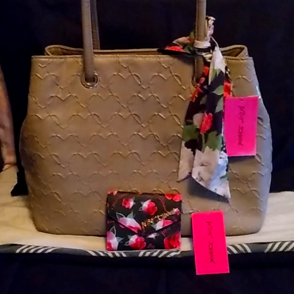 Betsey Johnson taupe tote with floral scarf and matching wallet